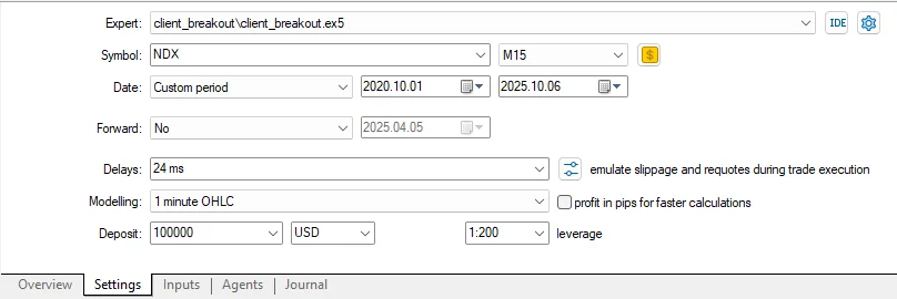 Capture MetaTrader 5 : onglet Paramètres du Testeur de stratégie (Expert, symbole, dates, modélisation, dépôt, effet de levier)