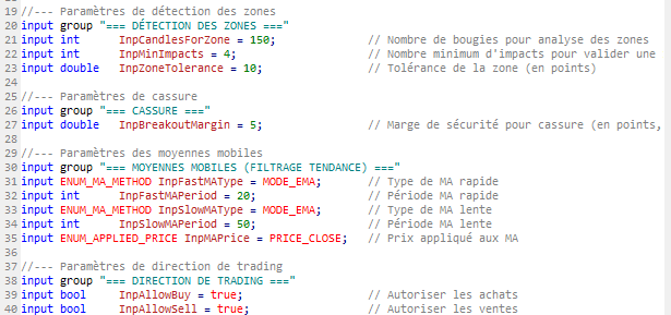 Extrait de code MQL5 : groupes d'inputs pour zones, cassure, moyennes mobiles et achat/vente
